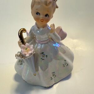 Lefton Girl w Ponytail & Umbrella Figurine #2643